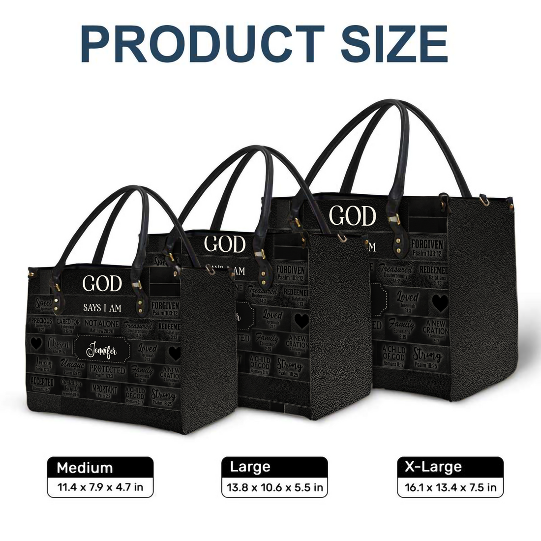 Personalized Christianartbag God Says I Am Black leather handbag, size comparison chart