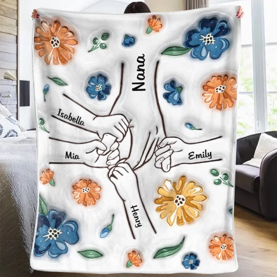 Mom or Grandma's Custom 3D Floral Blanket: Personalized Kids Holding Hands with Names - Unique Mother's Day or Birthday Gift