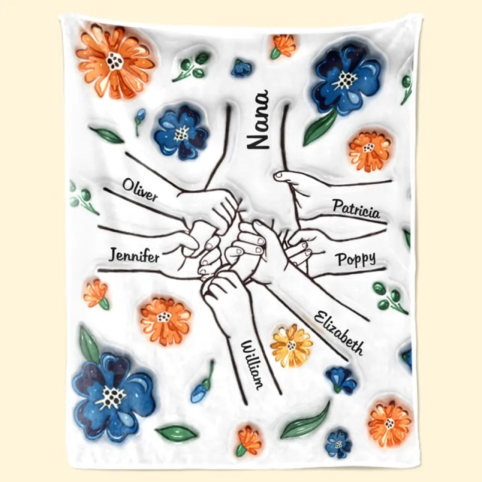 Mom or Grandma's Custom 3D Floral Blanket: Personalized Kids Holding Hands with Names - Unique Mother's Day or Birthday Gift