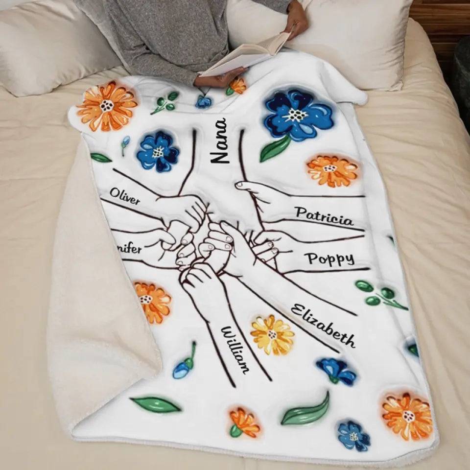 Mom or Grandma's Custom 3D Floral Blanket: Personalized Kids Holding Hands with Names - Unique Mother's Day or Birthday Gift