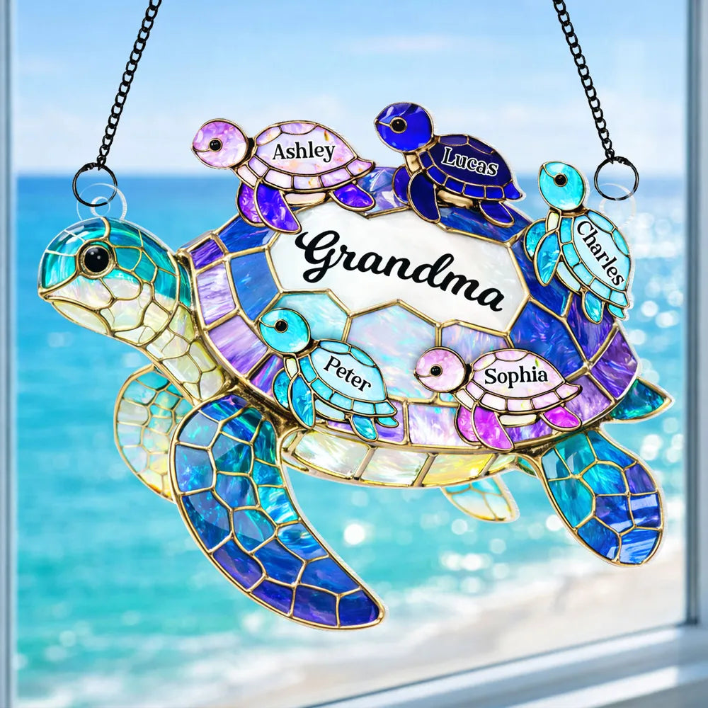 Mom Grandma Sea Turtle - Personalized Window Hanging Suncatcher Ornament - Mother's Day Gift For Mom, Mama, Mommy