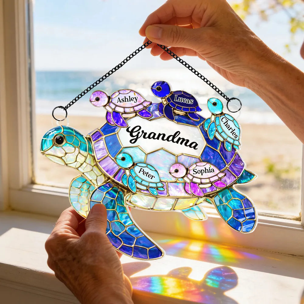 Mom Grandma Sea Turtle - Personalized Window Hanging Suncatcher Ornament - Mother's Day Gift For Mom, Mama, Mommy
