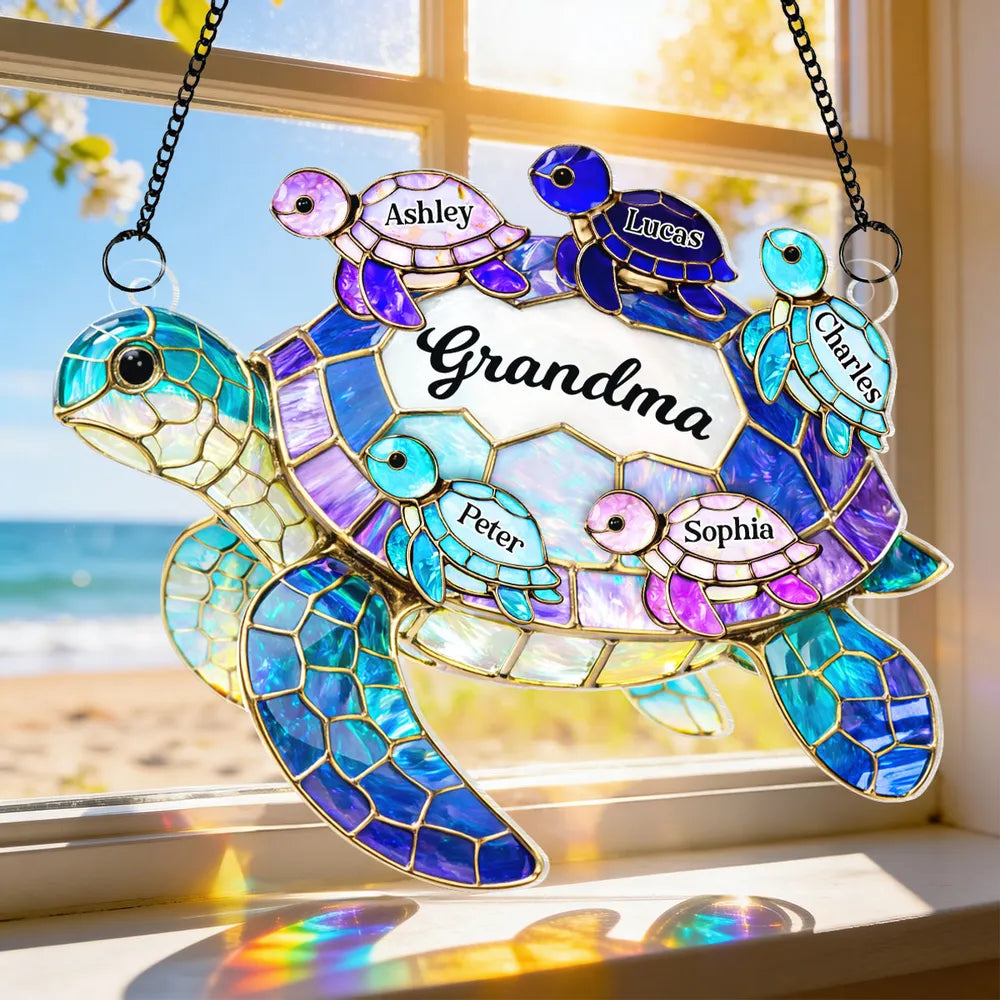 Mom Grandma Sea Turtle - Personalized Window Hanging Suncatcher Ornament - Mother's Day Gift For Mom, Mama, Mommy