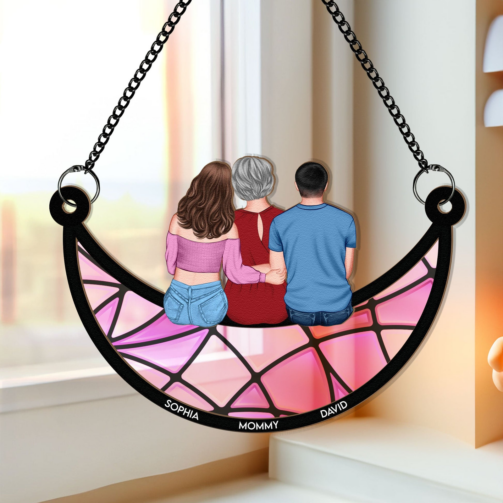 Mom, Children Sitting On The Moon - Personalized Window Hanging Suncatcher Ornament - Gift For Mom, Mama, Mommy, Mother