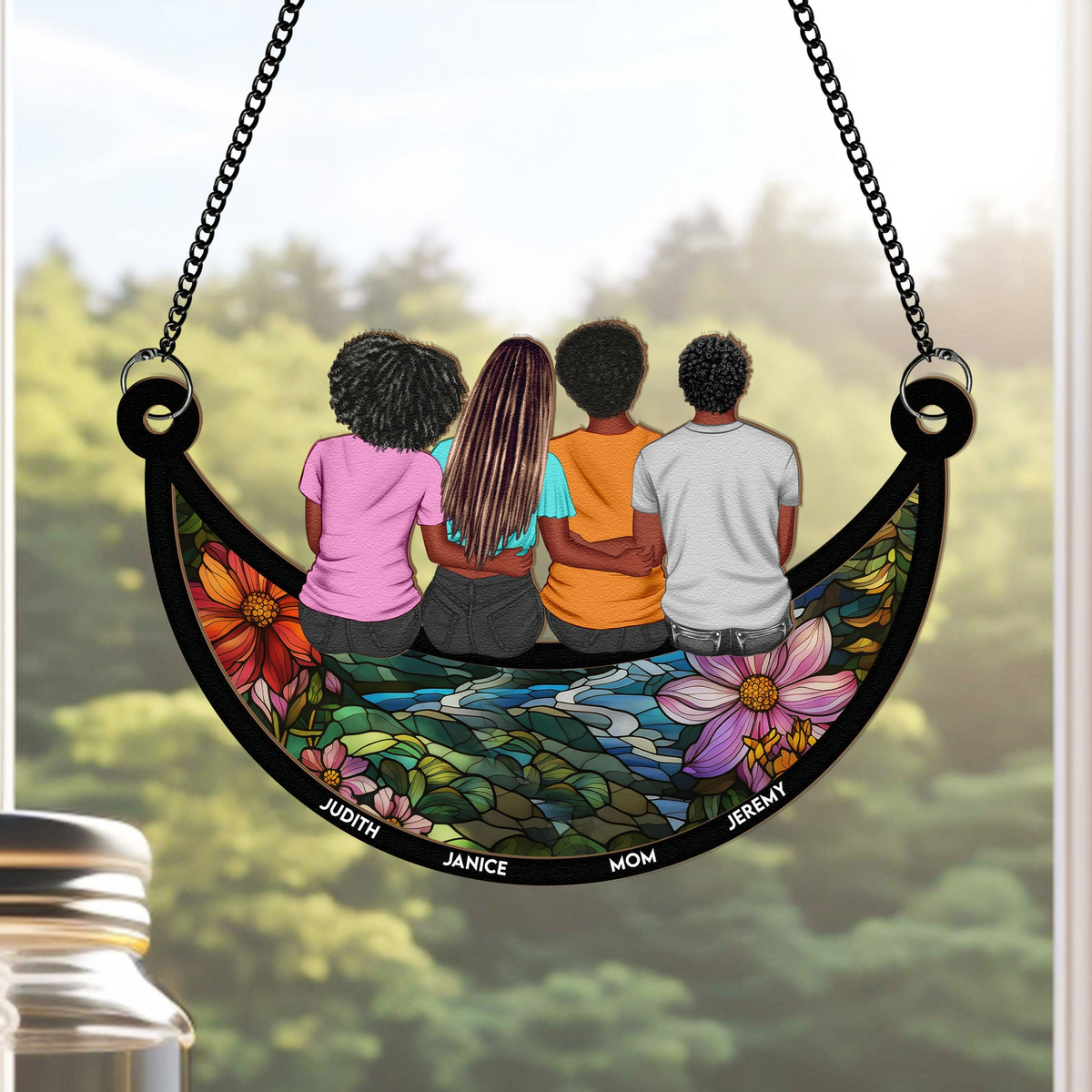 Mom, Children Sitting On The Moon - Personalized Window Hanging Suncatcher Ornament - Gift For Mom, Mama, Mommy, Mother