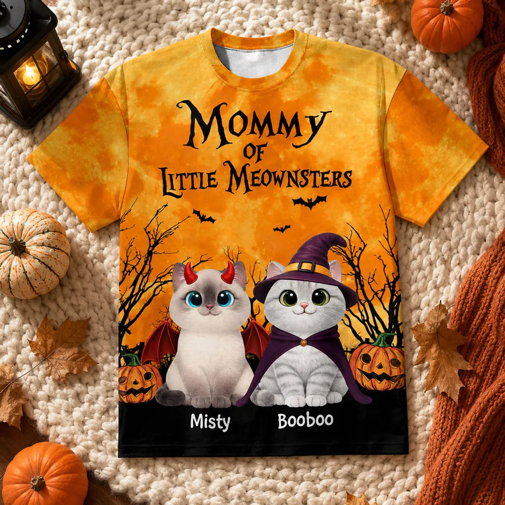 Halloween Theme Mommy Daddy Of The Meownsters Cats - Personalized All-Over Print T-Shirt - Halloween Gift for Cat Lovers, Cat Mom, Cat Dad