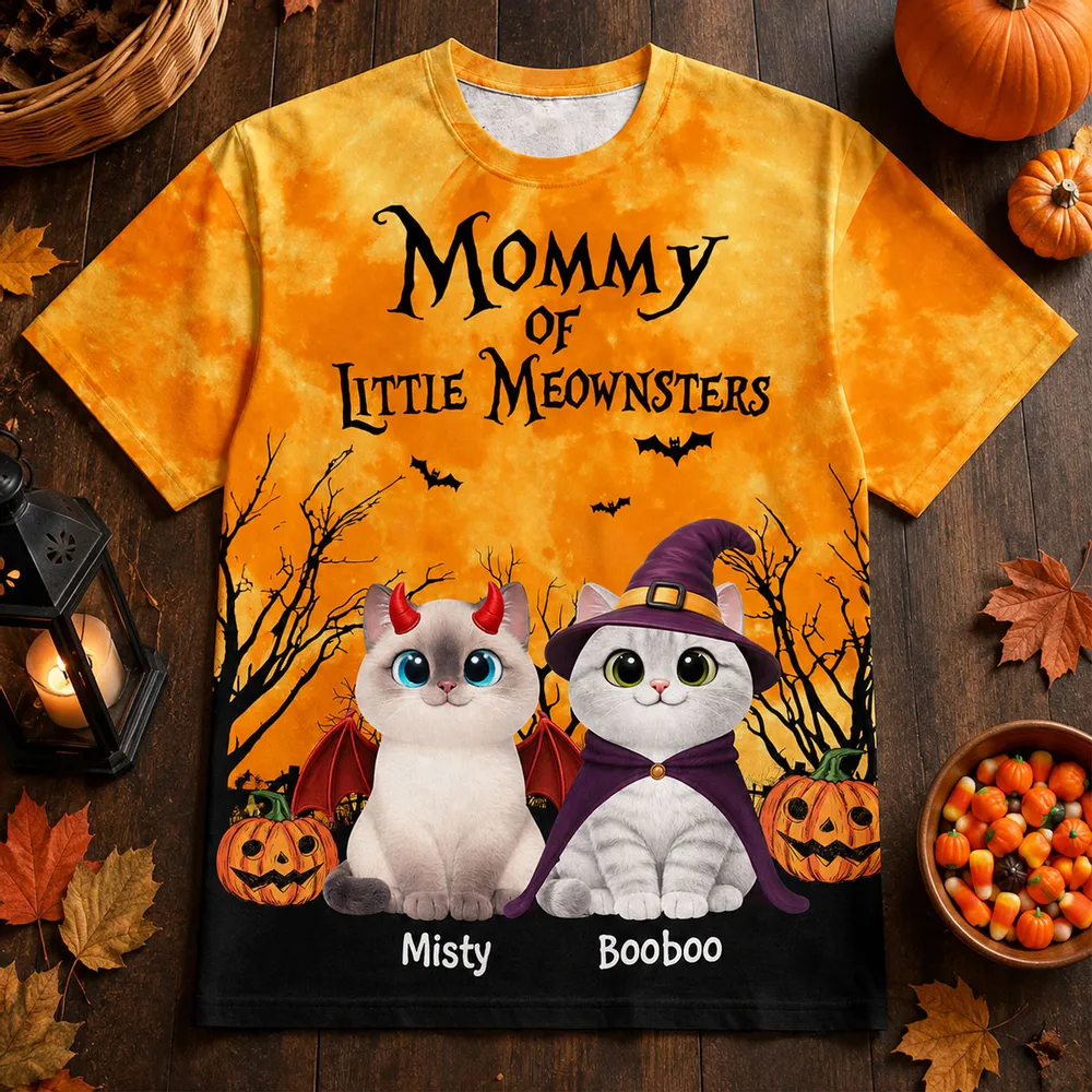 Halloween Theme Mommy Daddy Of The Meownsters Cats - Personalized All-Over Print T-Shirt - Halloween Gift for Cat Lovers, Cat Mom, Cat Dad