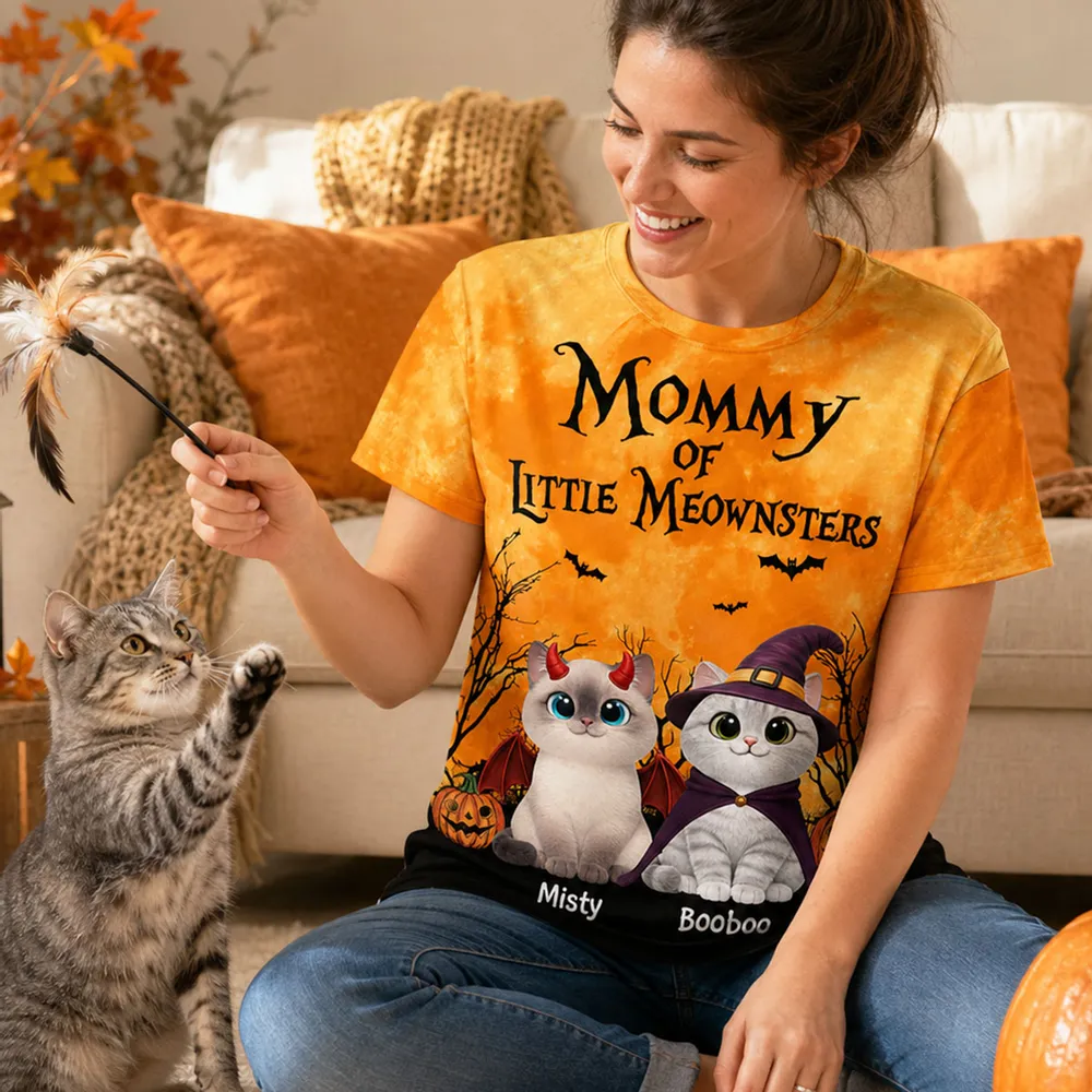 Halloween Theme Mommy Daddy Of The Meownsters Cats - Personalized All-Over Print T-Shirt - Halloween Gift for Cat Lovers, Cat Mom, Cat Dad