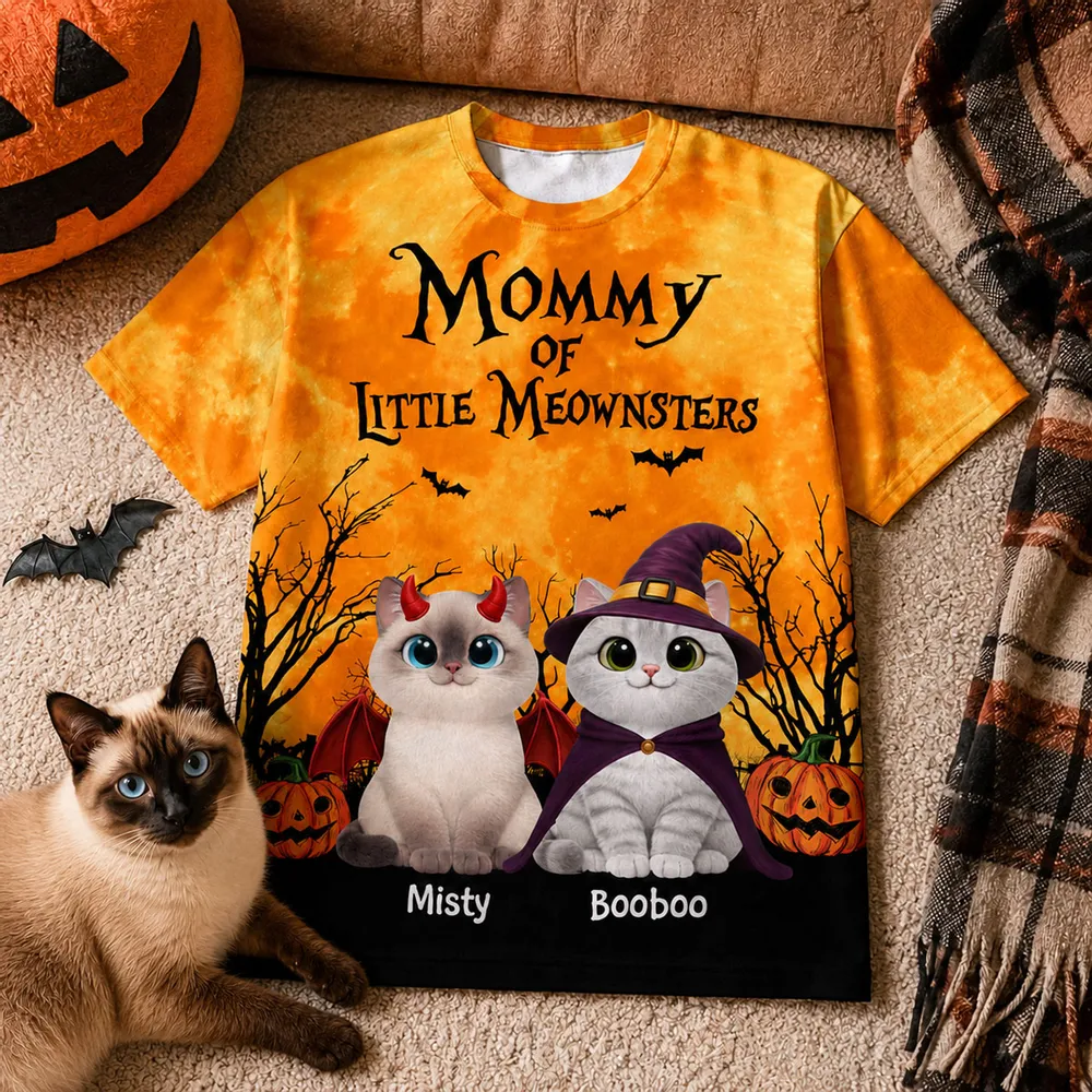 Halloween Theme Mommy Daddy Of The Meownsters Cats - Personalized All-Over Print T-Shirt - Halloween Gift for Cat Lovers, Cat Mom, Cat Dad
