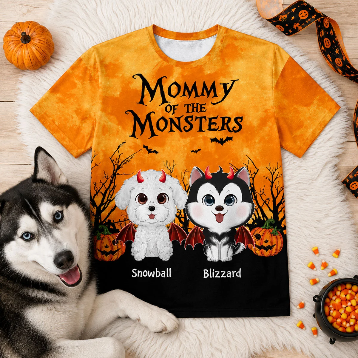 Halloween Theme Mommy Daddy Of The Monsters Dogs - Personalized All-Over Print T-Shirt - Halloween Gift for Dog Lovers, Dog Mom, Dog Dad