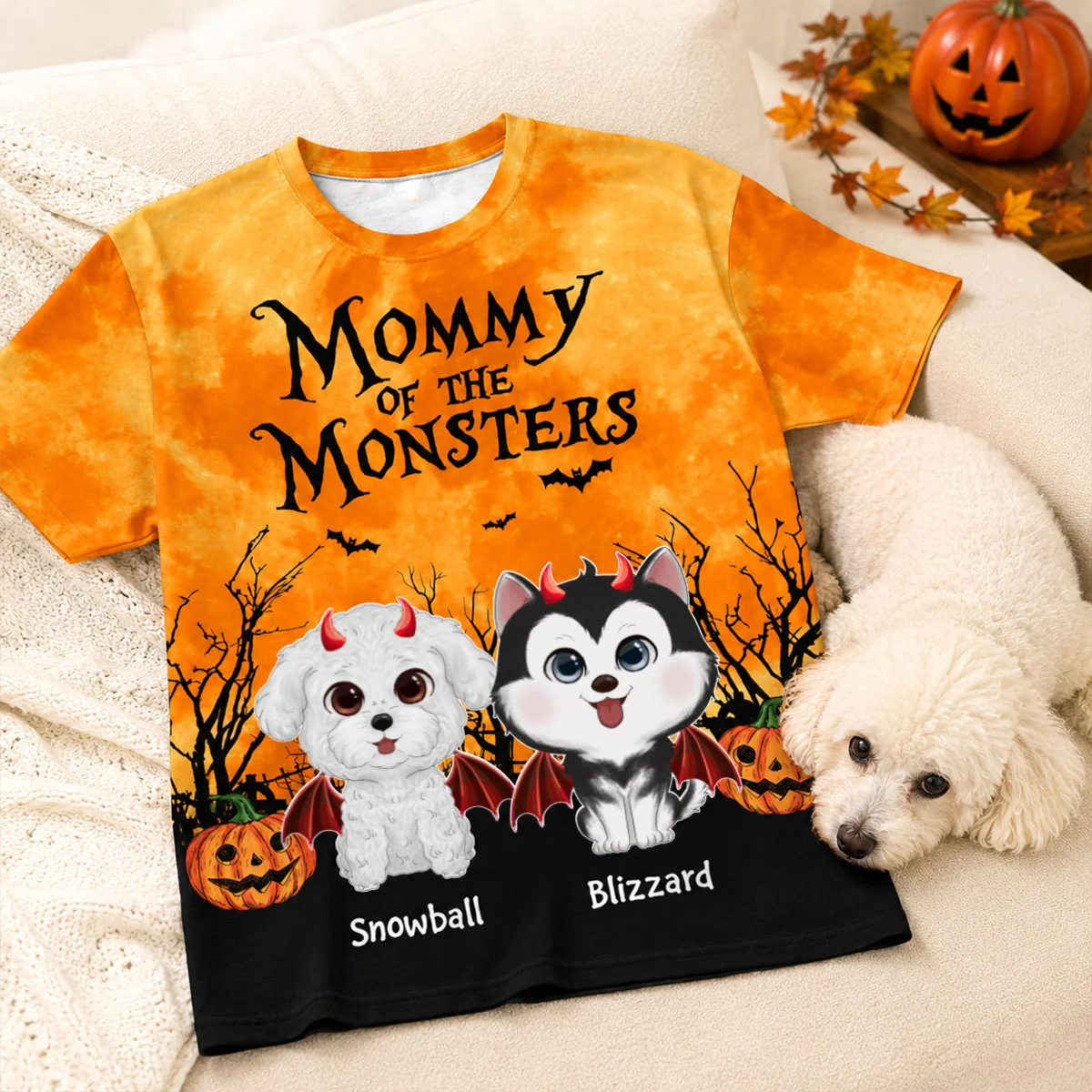 Halloween Theme Mommy Daddy Of The Monsters Dogs - Personalized All-Over Print T-Shirt - Halloween Gift for Dog Lovers, Dog Mom, Dog Dad