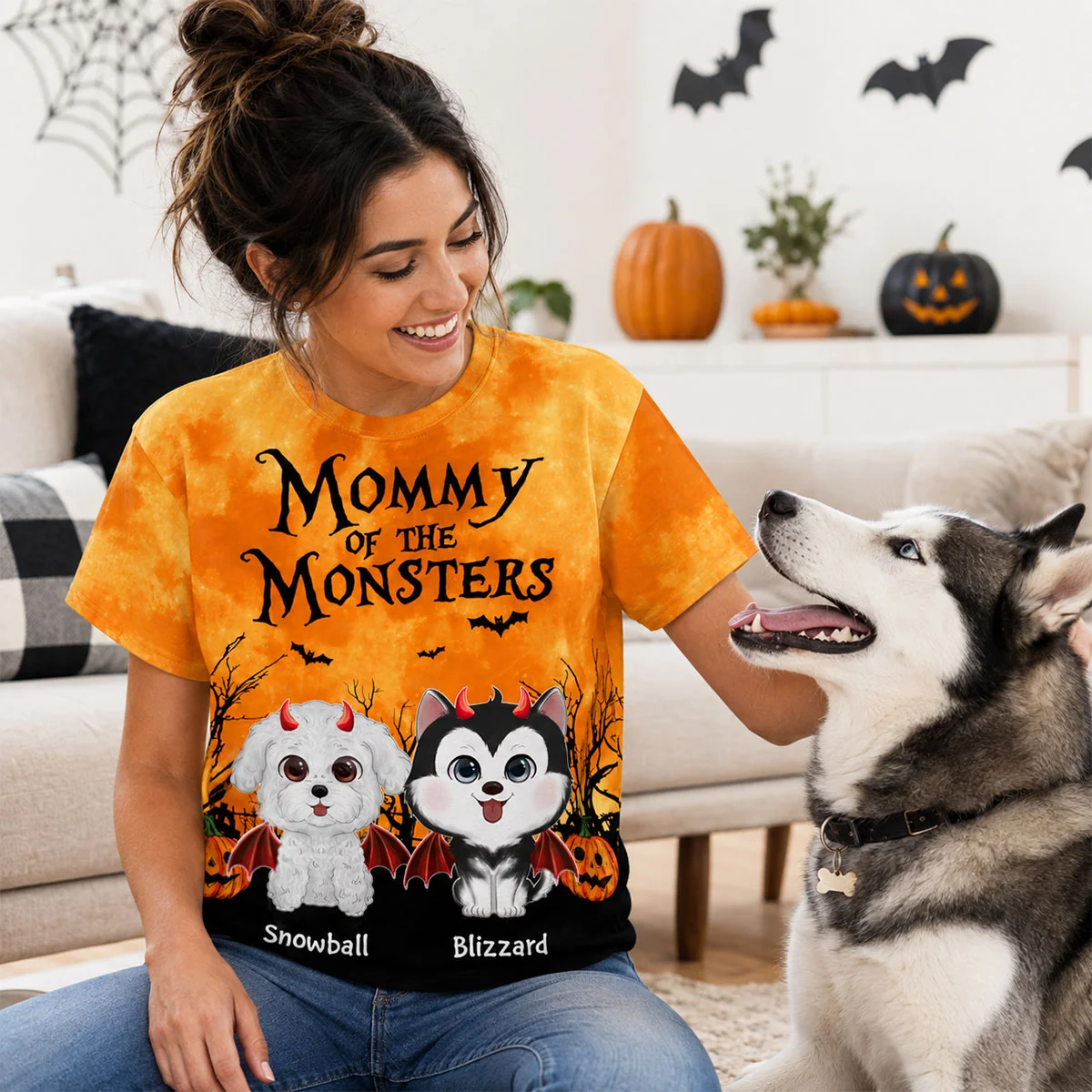 Halloween Theme Mommy Daddy Of The Monsters Dogs - Personalized All-Over Print T-Shirt - Halloween Gift for Dog Lovers, Dog Mom, Dog Dad