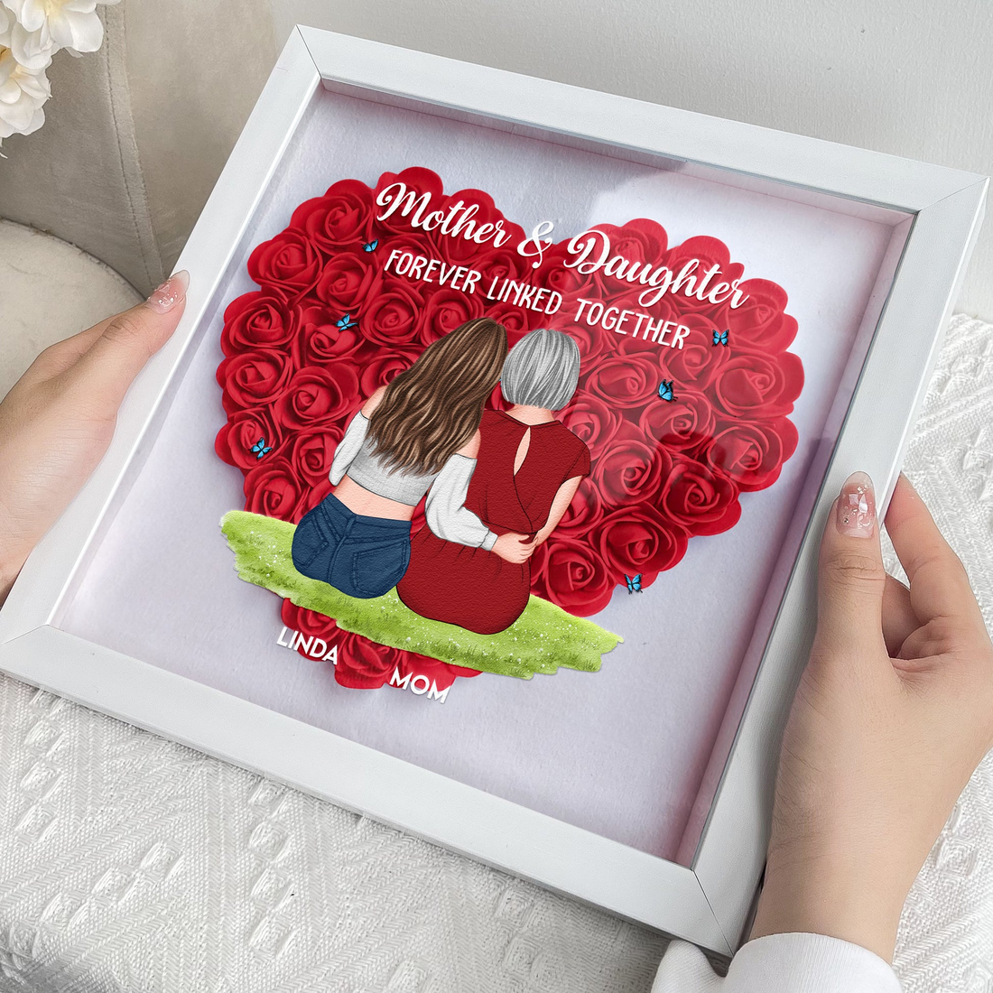 Personalized Mother & Daughter Forever Linked Together flower shadow box, alternate view 2