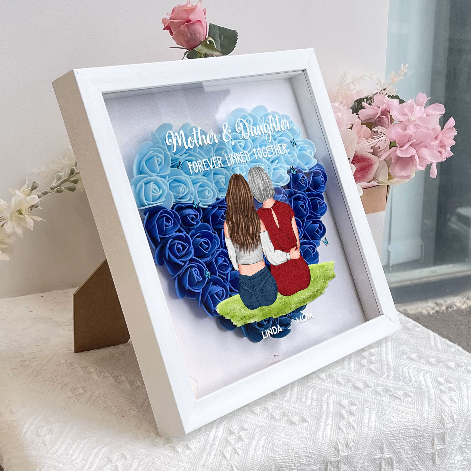 Mother & Daughter Forever Linked Together - Personalized Flower Shadow Box - Gift For Mom, Mother's Day