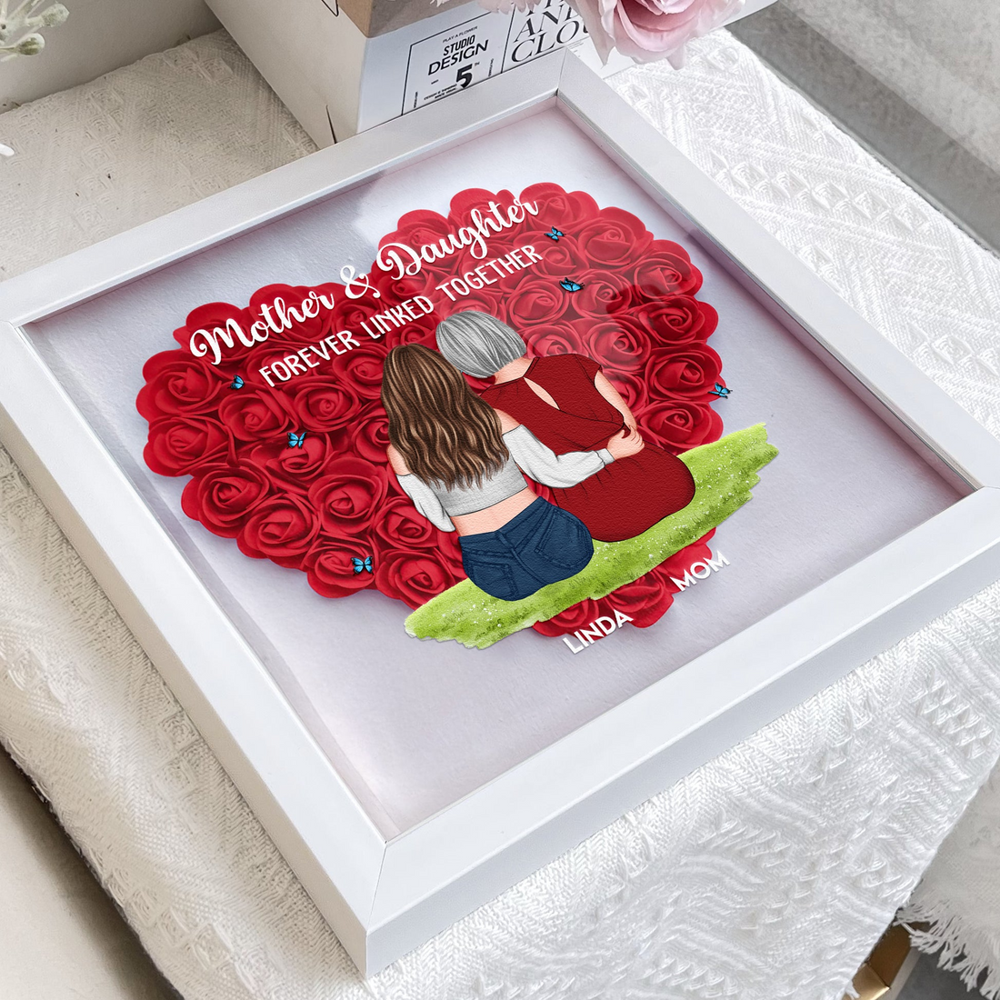 Personalized Mother & Daughter Forever Linked Together flower shadow box, alternate view 3