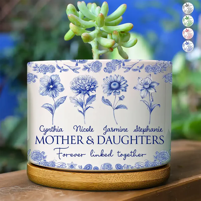 Mother & Daughters Forever Linked Together - Personalized Ceramic Plant Pot - Gift For Mom, Daughter