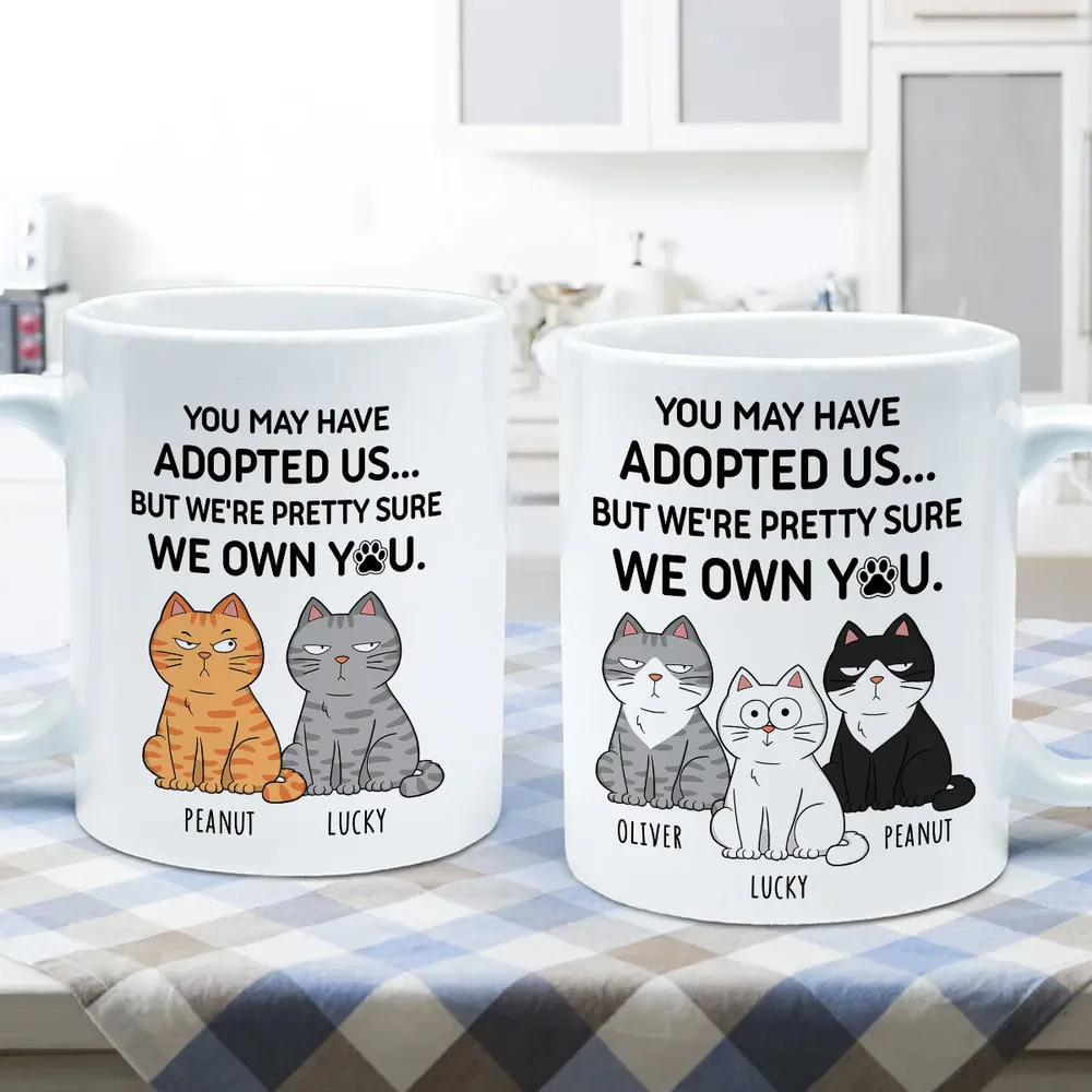 Funny Cat Mug: "You May Have Adopted Us But We Own You" Personalized Coffee Cup - Custom Names & Multiple Cats | Gift for Cat Mom or Dad 2