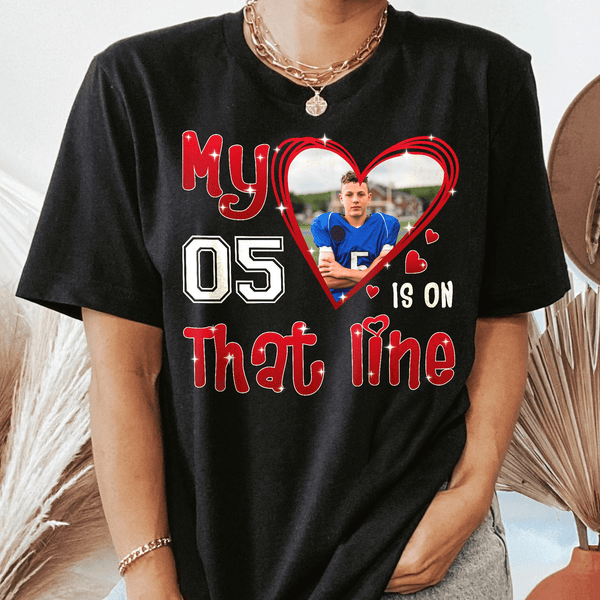 Custom Photo My Heart Is On That Field/Line/Court/Track with Number of Player - Personalized T Shirt - Birthday, Loving, Funny Sports Gift for Grandma/Nana/Mimi, Mom, Wife, Grandparent