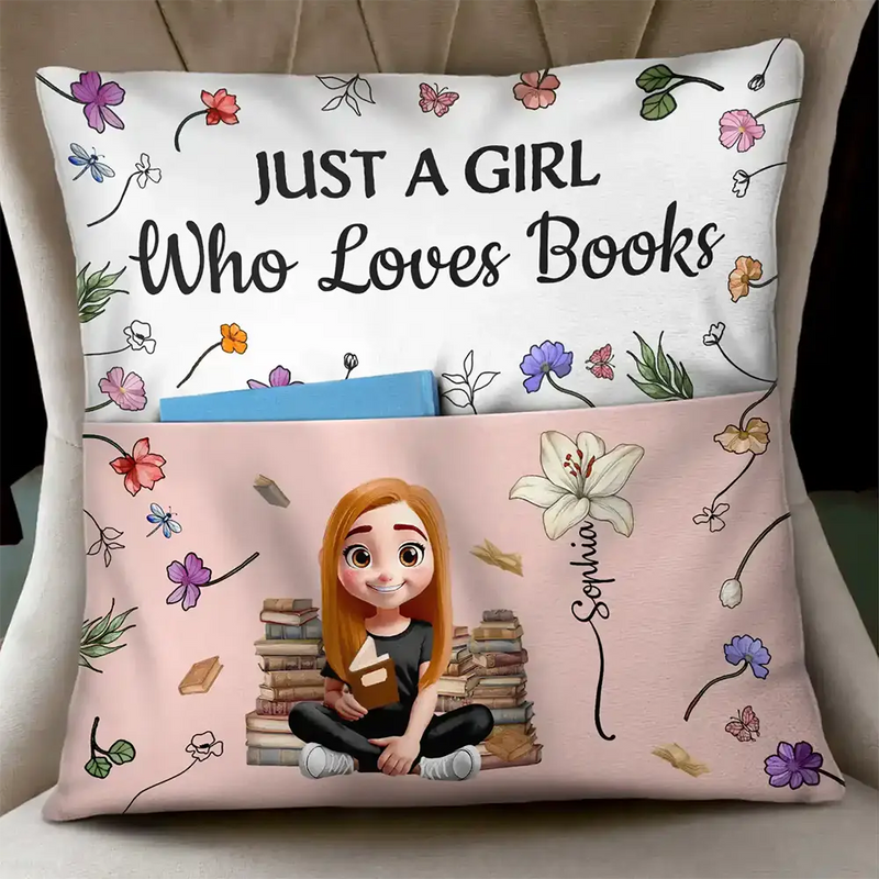My Reading Pillow Reading Girl With Birth Month Flower - Personalized Pocket Pillow - Gift For Book Lovers, Bookworms, Readers