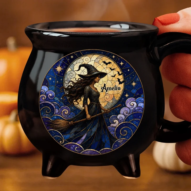 Custom Name Halloween Mystic Soul - Personalized Ceramic Cauldron Coffee Mug - Halloween Gifts For Besties, Sisters, BFF, Family, Yourself