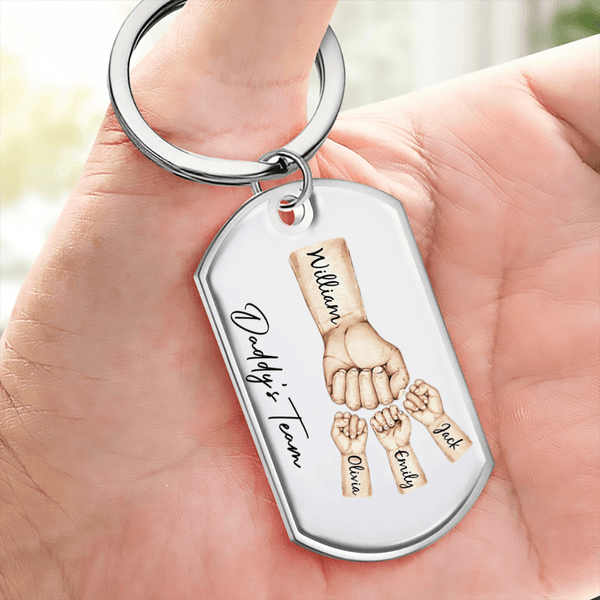 Daddy's Team Fist Bump - Personalized Stainless Steel Keychain - Custom Gift Idea for Dad, Papa, Grandpa, Daddy, Dada | Father's Day