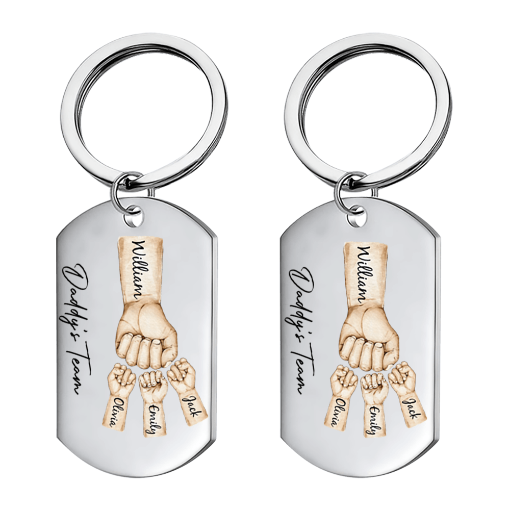 Daddy's Team Fist Bump - Personalized Stainless Steel Keychain - Father's Day Gift for Dad, Papa, Grandpa, Daddy, Dada