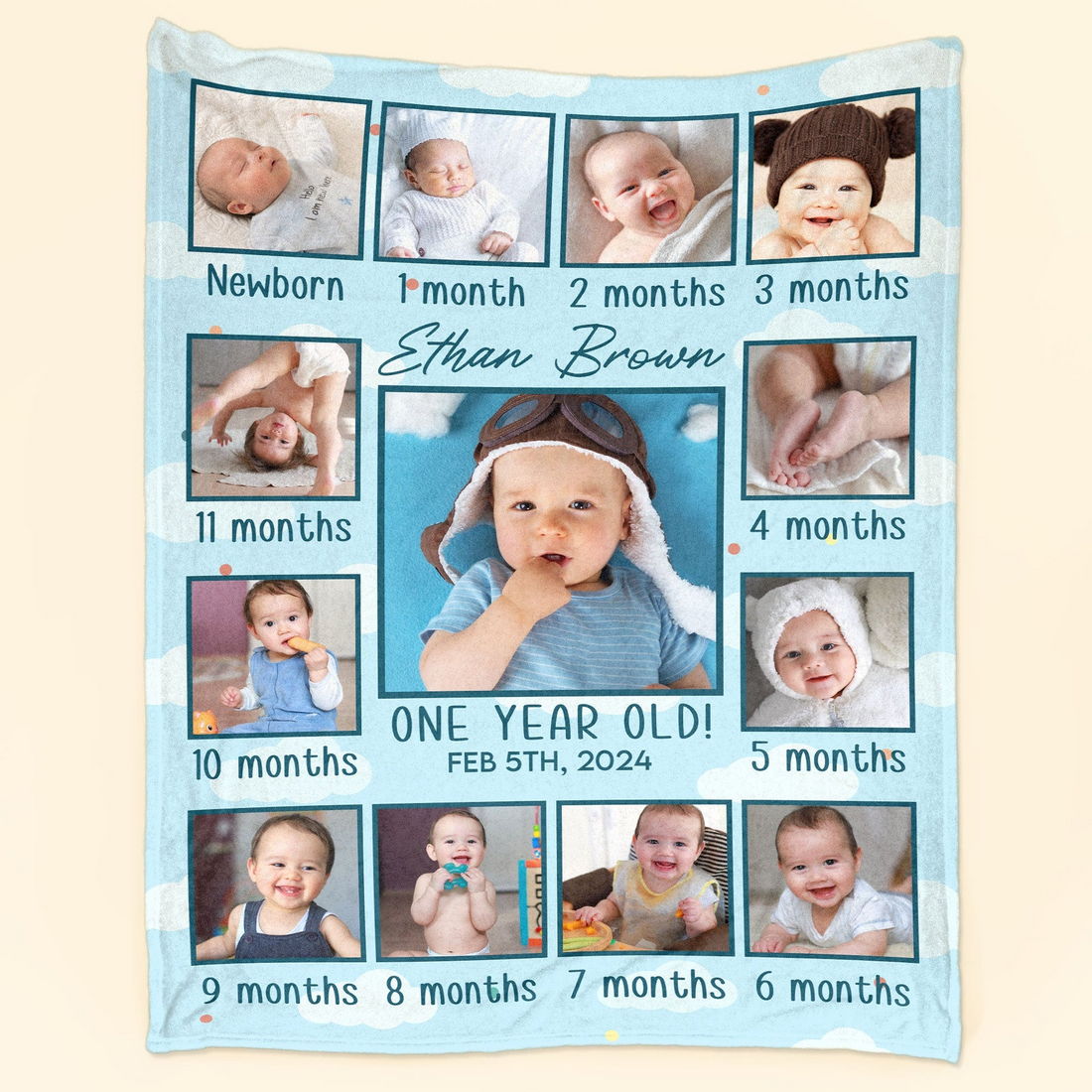 Custom Photo Newborn Kid Happy Month 1st Birthday fleece blanket, soft fleece fabric close-up