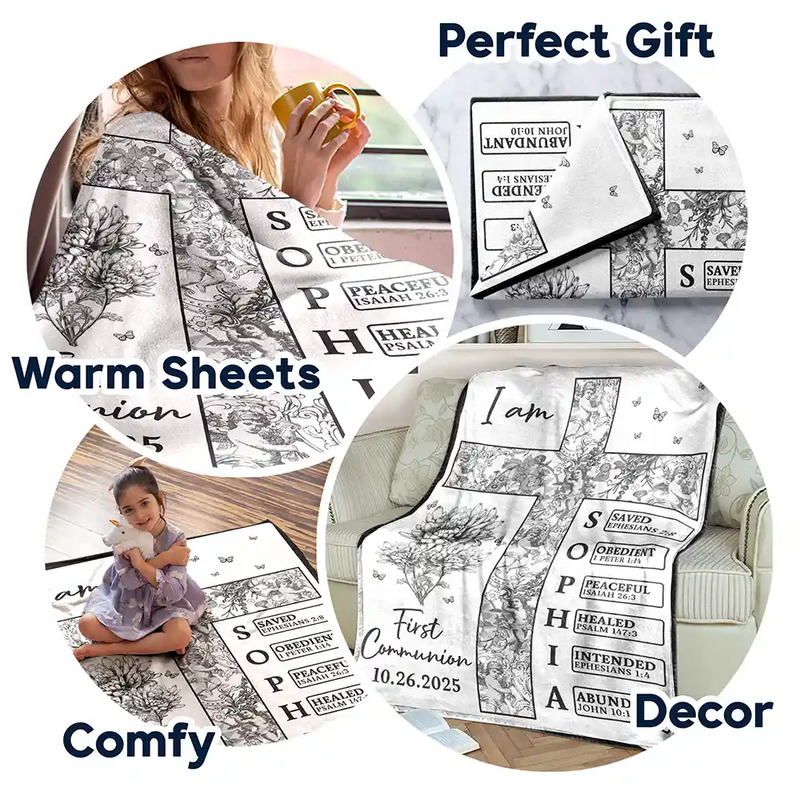 Newborn Baby Baptized Dedicated Christened First Communion - Personalized Custom Blanket - Gift for New Infant, Baby Girl, Boy, Granddaughter, Grandson