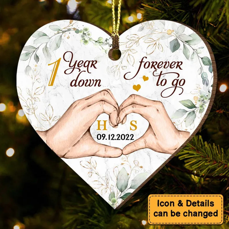 Personalized Wedding Anniversary One Year Down Forever To Go Heart custom shaped wood ornament, alternate view 4
