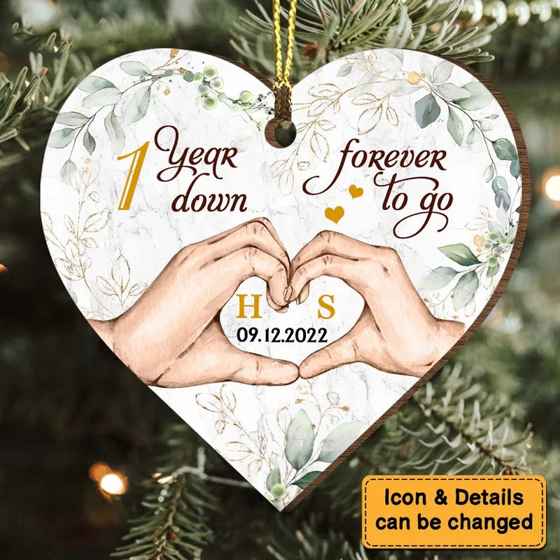 Personalized Wedding Anniversary One Year Down Forever To Go Heart custom shaped wood ornament, alternate view 2