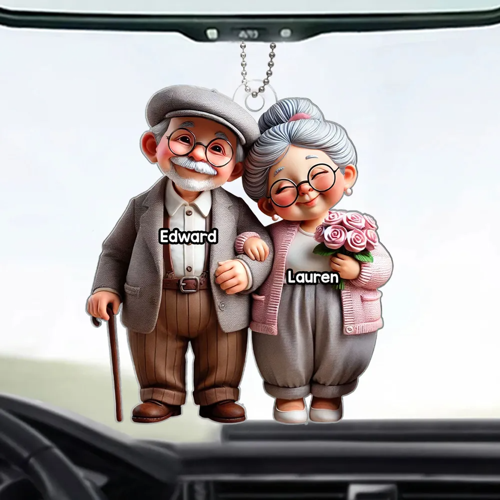 3D Effect Old Cartoon Couple Holding Hand - Personalized Acrylic Car Hanger - Gift For Old Couple, Grandparents, Anniversary, Valentine, Engagement