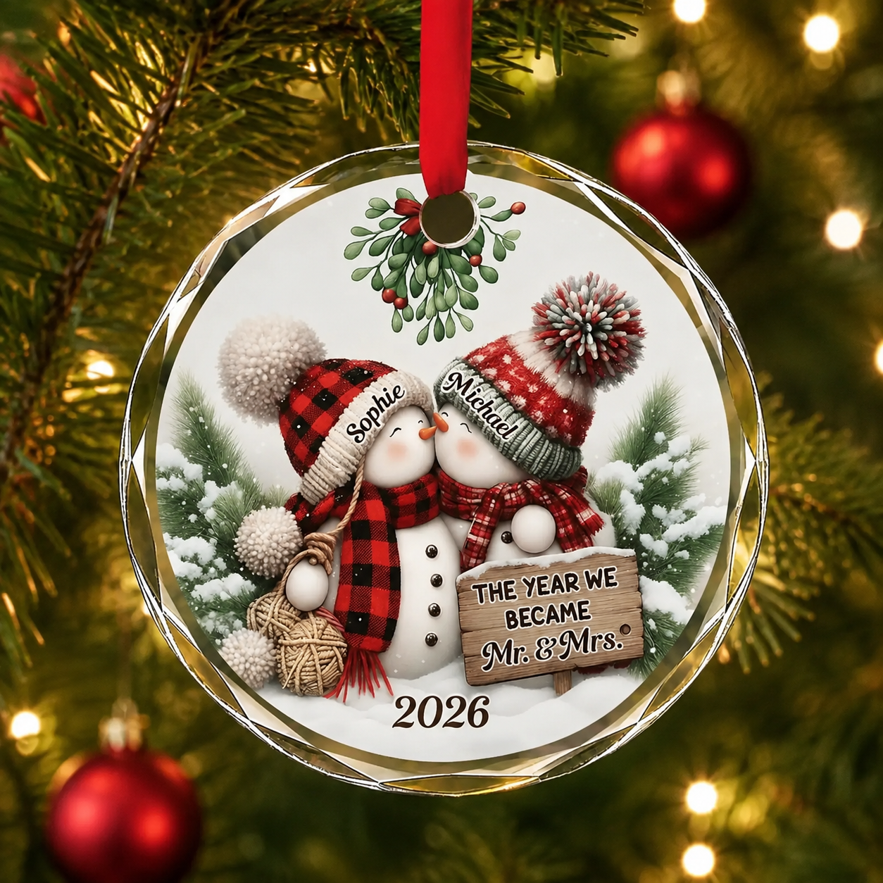 Our 1st Married Christmas Mr Mrs - Personalized Circle Glass Ornament - Christmas Gift For Her/Him, Husband/Wife, Couples, Newlywed Wedding Gift