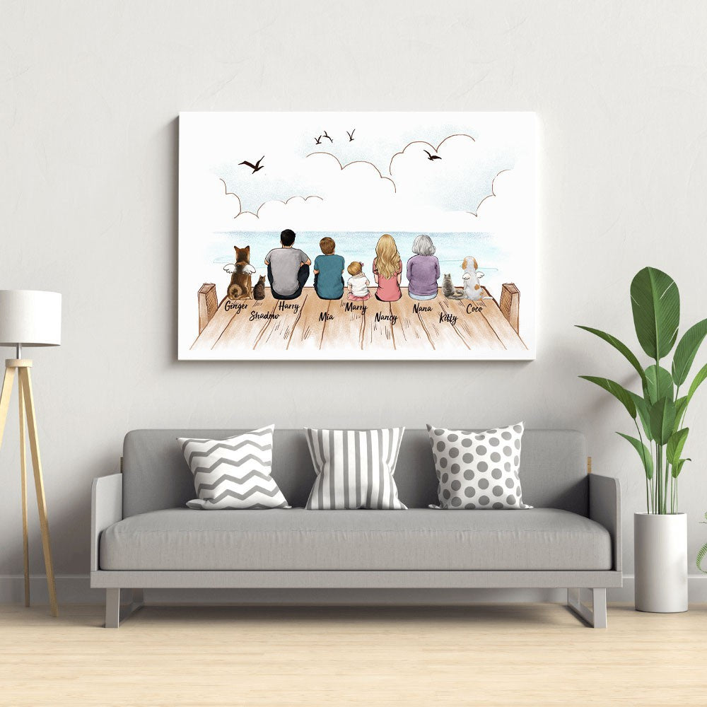 Custom Family Canvas Prints - Family Sitting On The Bridge - Personalized Gift For Family Members, Mom, Dad, Dog, Cat, Memorial 2