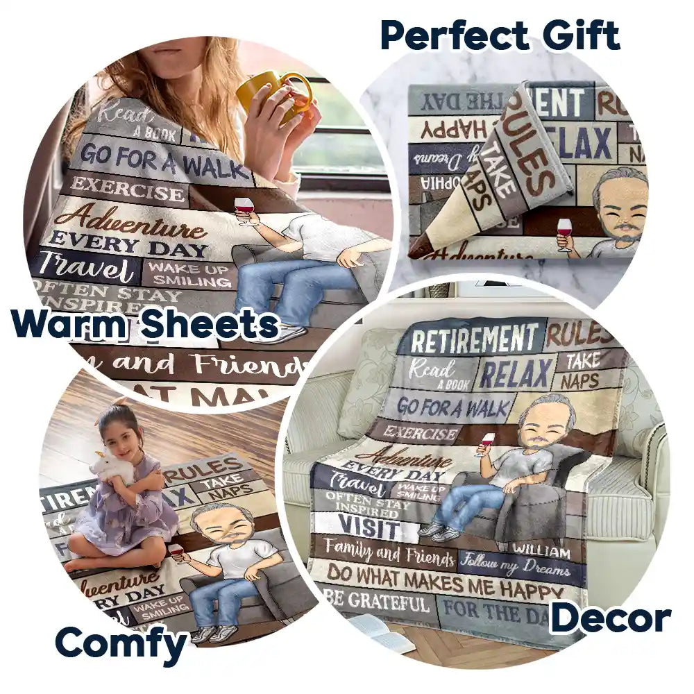 Personalized Retirement Rules fleece blanket, size guide chart