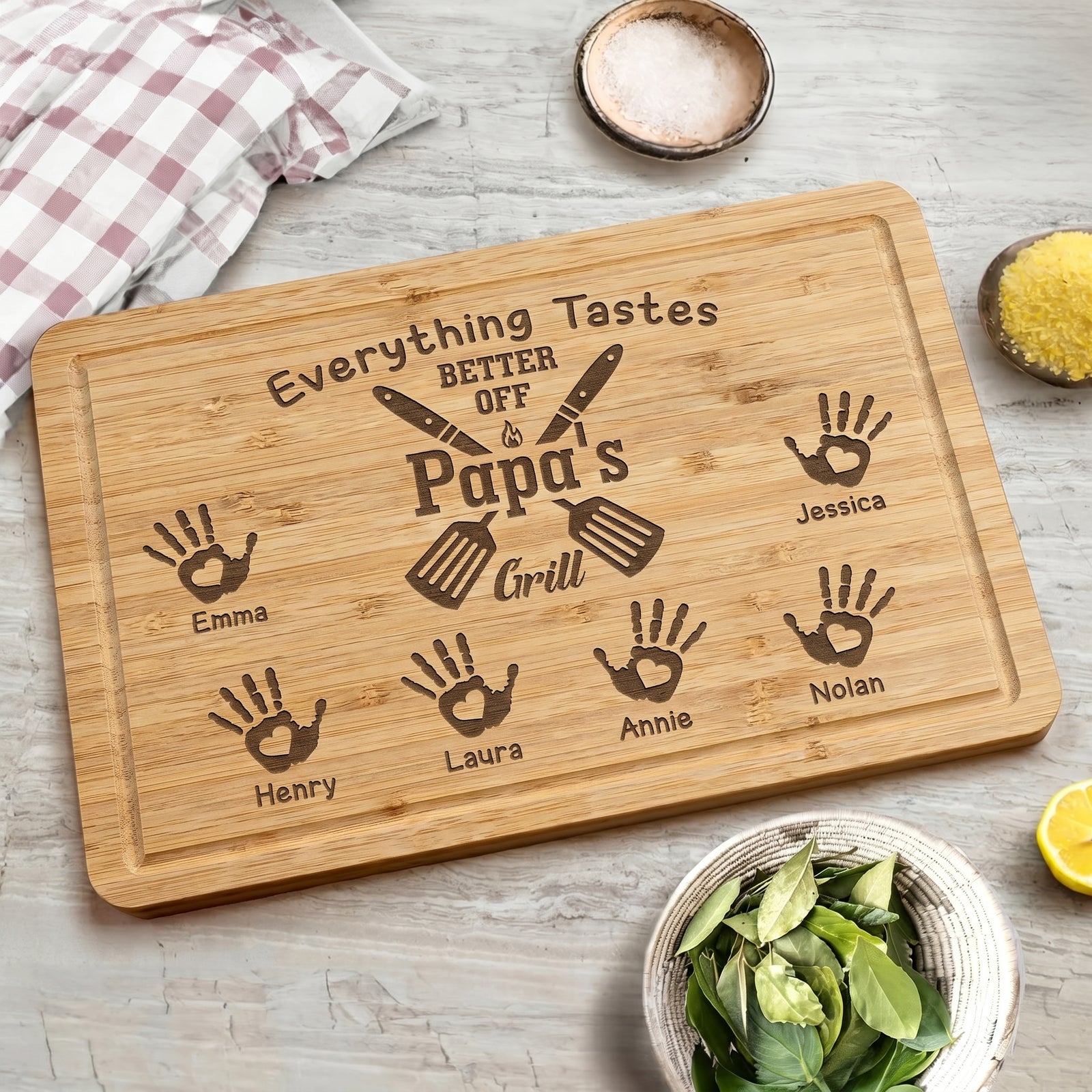 Everything Tastes Better Off Papa - Personalized Engraved Wooden Cutting Board - Father's Day Gift for Dad, Daddy, Papa, Grandpa