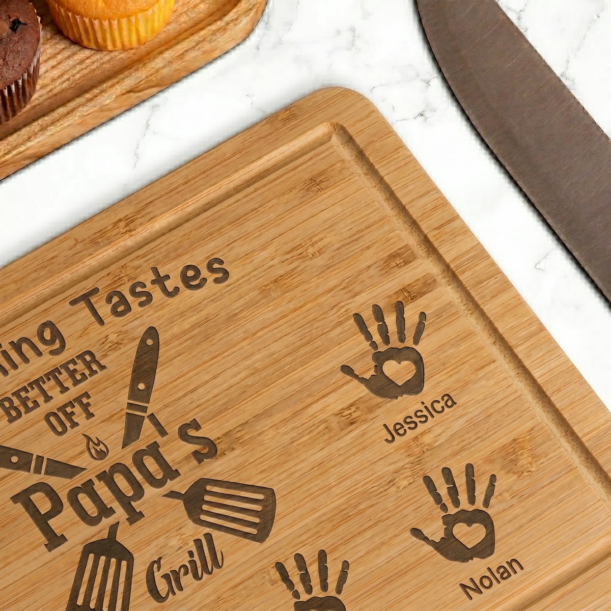 Everything Tastes Better Off Papa - Personalized Engraved Wooden Cutting Board - Father's Day Gift for Dad, Daddy, Papa, Grandpa