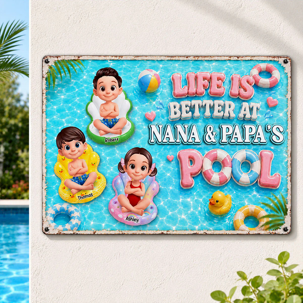 Life Is Better At Pool Grandparents - Personalized Metal Sign - Gift For Dad, Mom, Grandpa, Grandma