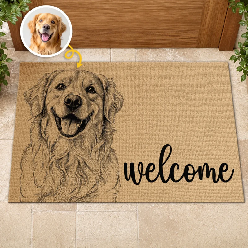 Custom Photo Pencil Sketch Welcome Dog Cat - Personalized Doormat - Personalized Gift for Dog Lovers, Cat Lovers, Pet Lovers