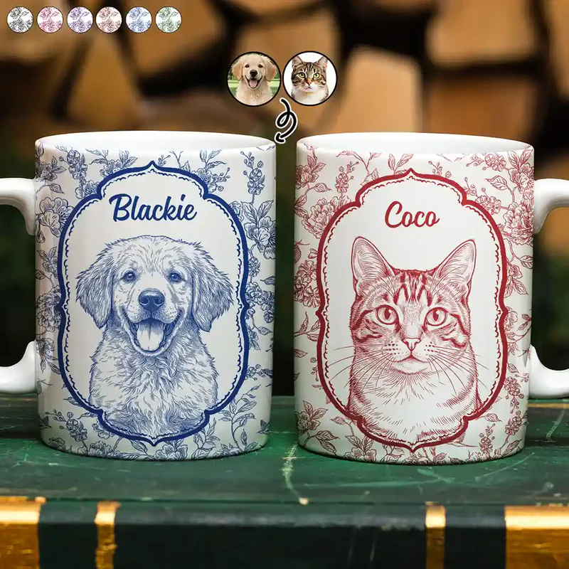 Custom Photo Pencil Sketch Art Dog Cat Kid Pet Portrait Toile - Personalized Custom Mug - Gift for Dog/Cat Lovers, Dog/Cat Mom, Pet Lovers