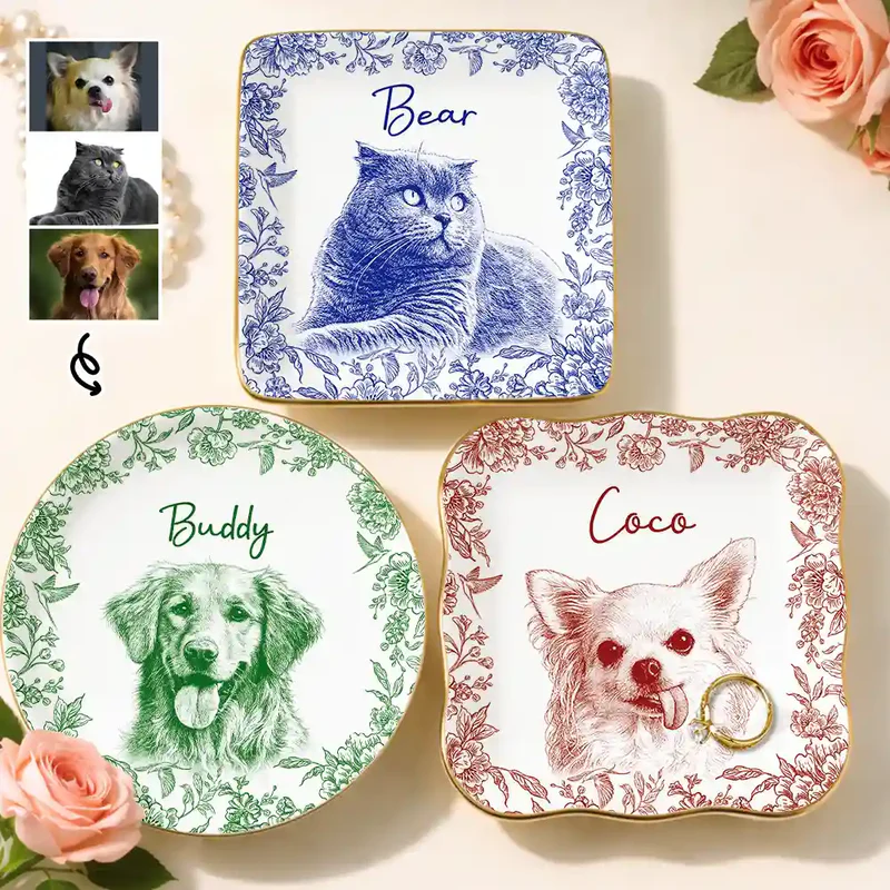 Custom Photo Pencil Sketch Pet Photo - Personalized Jewelry Dish - Gift for Dog/Cat Lovers, Dog/Cat Mom, Pet Lovers