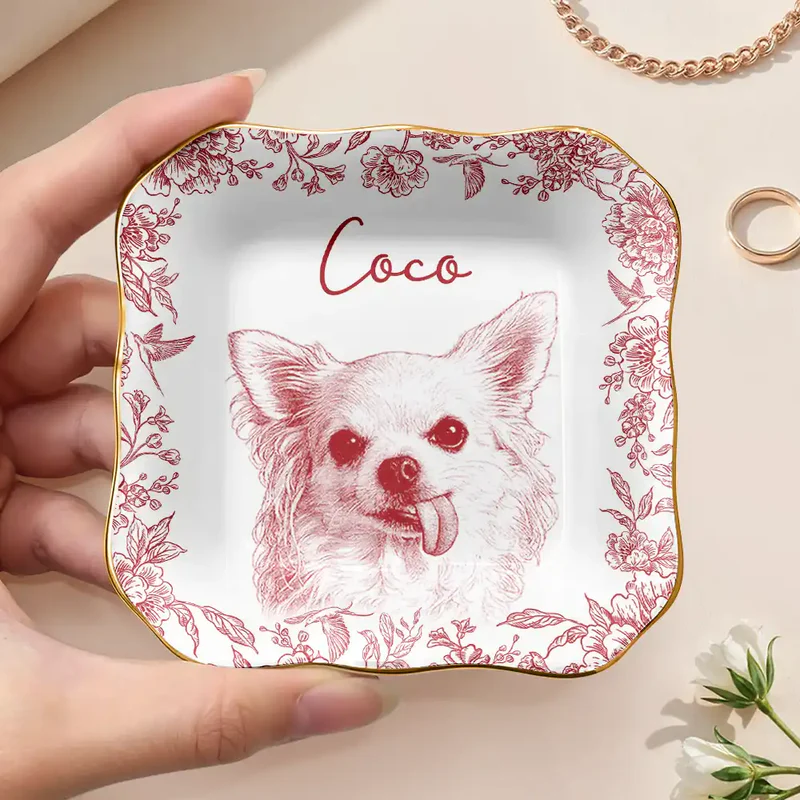 Custom Photo Pencil Sketch Pet Photo - Personalized Jewelry Dish - Gift for Dog/Cat Lovers, Dog/Cat Mom, Pet Lovers