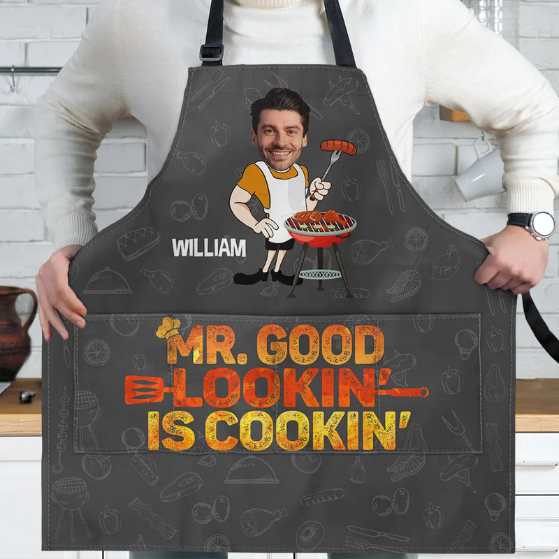 Custom Photo Mr. Good Lookin' Is Cookin' - Personalized Apron - Gift For Him, Husband, Boyfriend, Father on Anniversary, Valentine's Day, Father's Day