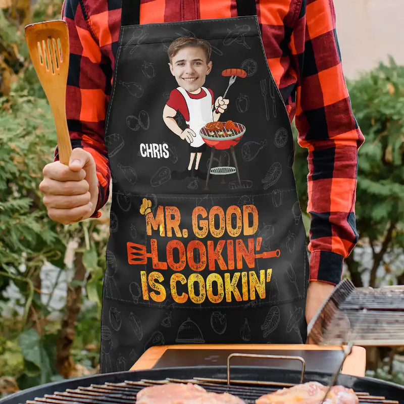 Custom Photo Mr. Good Lookin' Is Cookin' - Personalized Apron - Gift For Him, Husband, Boyfriend, Father on Anniversary, Valentine's Day, Father's Day
