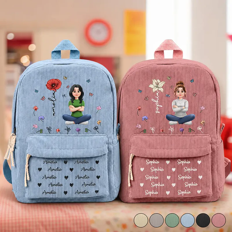 Custom Name Birth Flower Cartoon Character -  Personalized Kid Corduroy Backpack - Gift For Back To School, First Day of School - Student, Son, Daughter | Kindergarten, Pre-K, Preschool