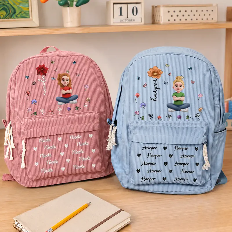 Custom Name Birth Flower Cartoon Character -  Personalized Kid Corduroy Backpack - Gift For Back To School, First Day of School - Student, Son, Daughter | Kindergarten, Pre-K, Preschool