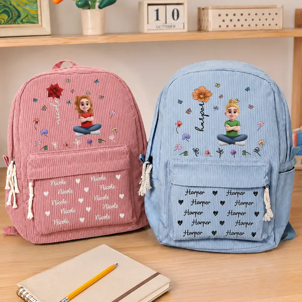 Custom Name Birth Flower Cartoon Character -  Personalized Kid Corduroy Backpack - Gift For Back To School, First Day of School - Student, Son, Daughter | Kindergarten, Pre-K, Preschool