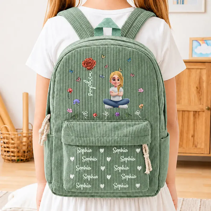 Custom Name Birth Flower Cartoon Character -  Personalized Kid Corduroy Backpack - Gift For Back To School, First Day of School - Student, Son, Daughter | Kindergarten, Pre-K, Preschool