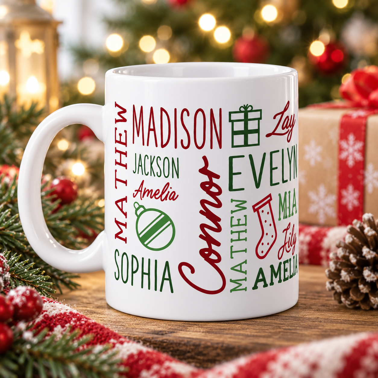 Holiday Repeating Name - Personalized Custom Mug - Christmas Gift For Family Members, Friends, Coworkers