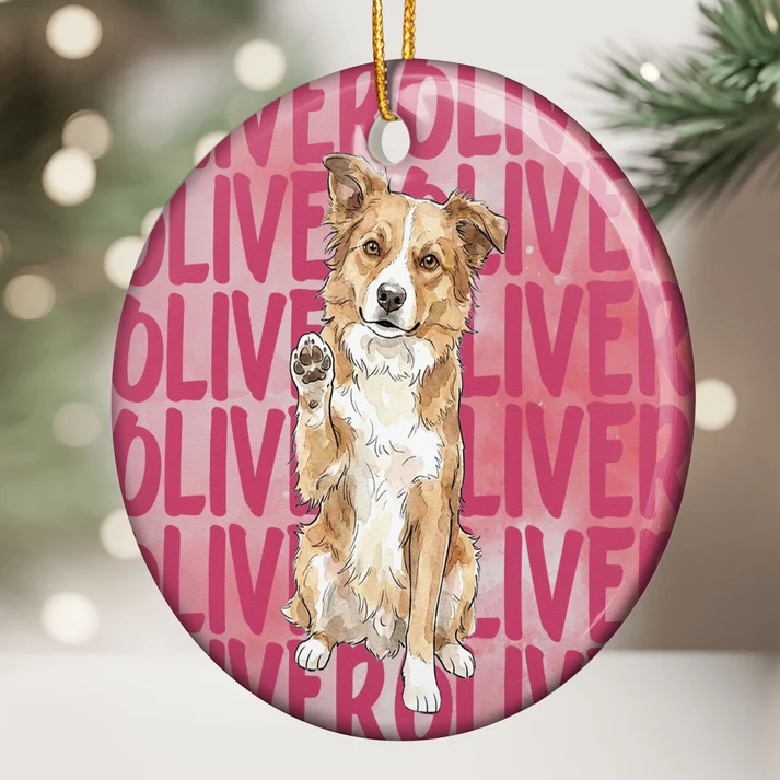 Custom Photo Watercolor Pet Lovers Christmas - Personalized Circle Ceramic Ornament - Christmas Gift for Dog Lovers, Cat Lovers, Pet Lovers