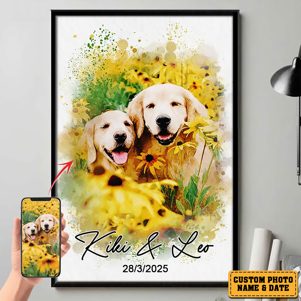 Custom Photo Watercolor Pet Portrait poster, a woman hanging the framed print on a wall